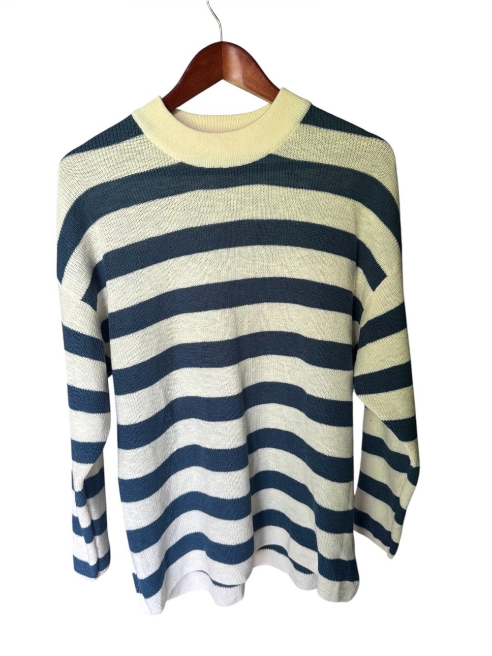 Free People Navy and Cream Striped Crewneck Sweater